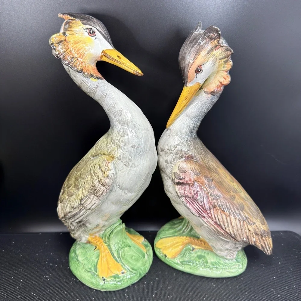 Italian Grebe Water Bird Figurines Set Majolica Stork Crane Hand Painted Italy